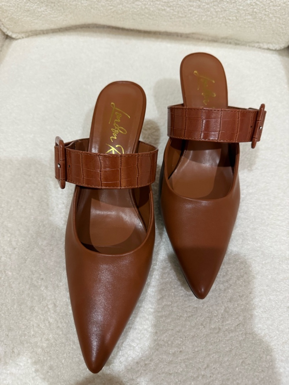 Pointed-Toe Brown Buckle Strap Mule